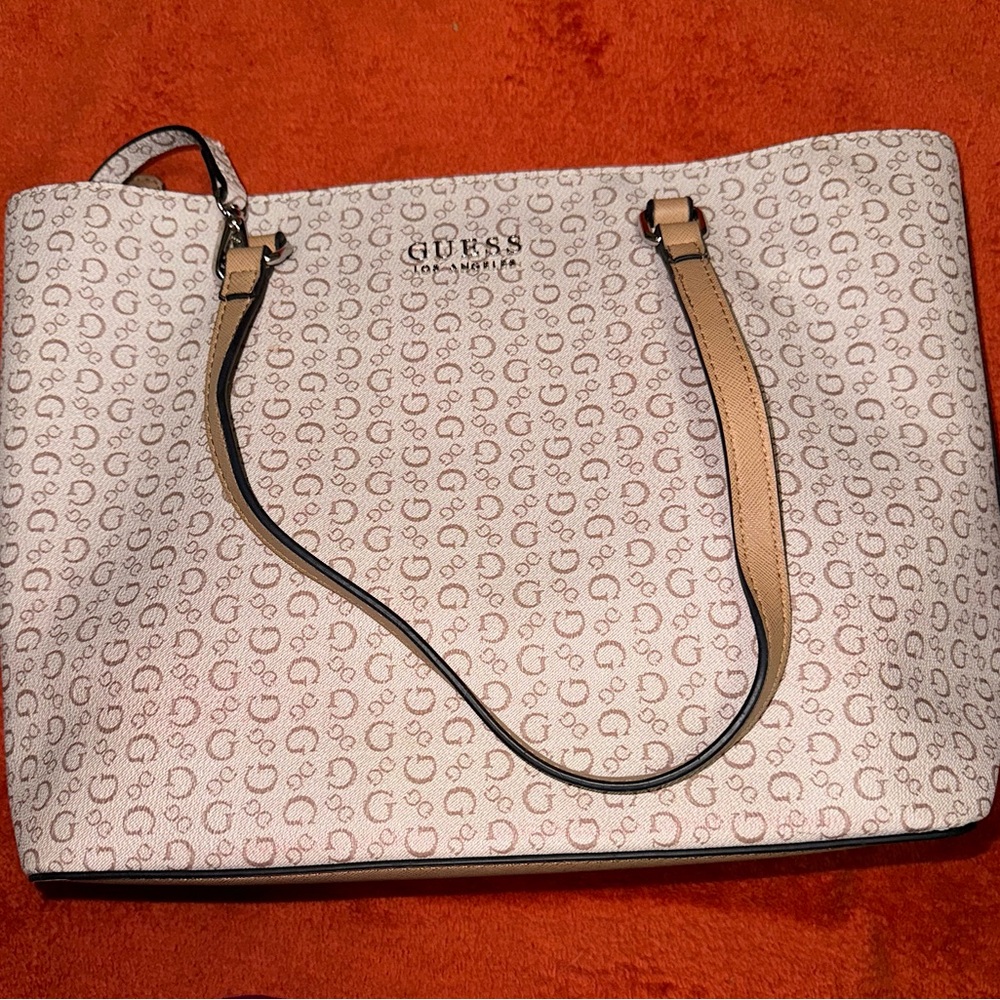 GUESS beige tan logo tote handbag with pouch